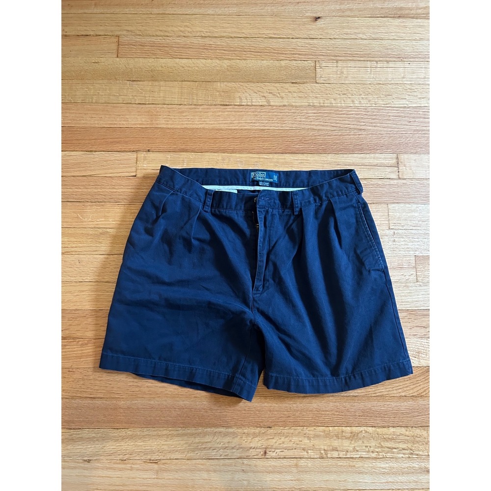Polo Ralph Lauren Andrew Short Mens 36 Navy Blue Pleated Cotton Chino Shorts 8in